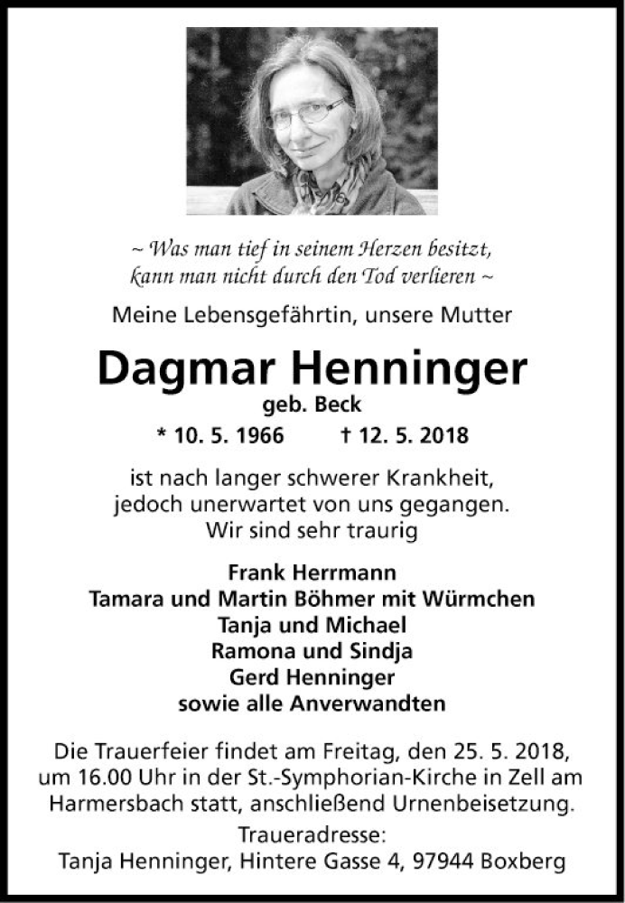  Traueranzeige für Dagmar Henninger vom 19.05.2018 aus Fränkische Nachrichten