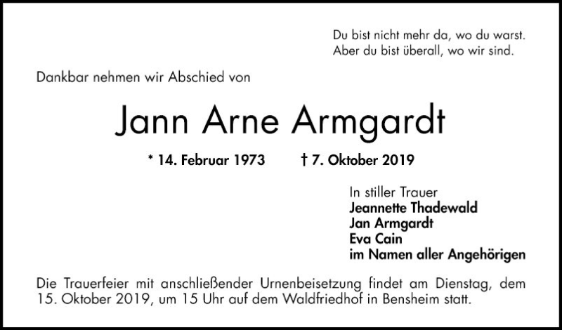  Traueranzeige für Jann Arne Armgardt vom 12.10.2019 aus Bergsträßer Anzeiger