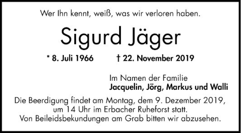  Traueranzeige für Sigurd Jäger vom 30.11.2019 aus Bergsträßer Anzeiger