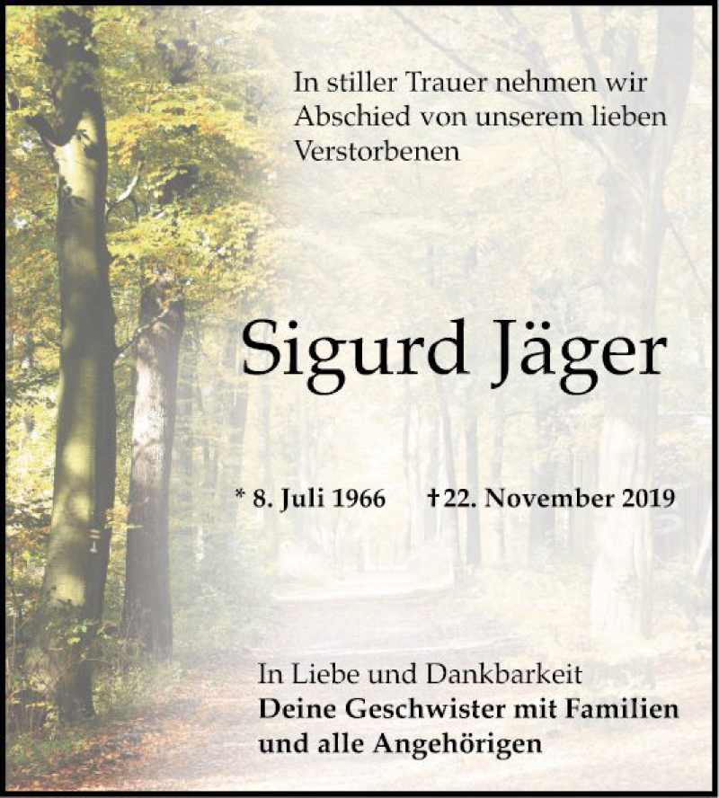  Traueranzeige für Sigurd Jäger vom 03.12.2019 aus Bergsträßer Anzeiger