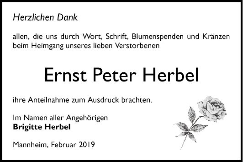  Traueranzeige für Ernst Peter Herbel vom 02.02.2019 aus Mannheimer Morgen