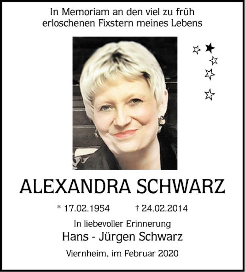  Traueranzeige für Alexandra Schwarz vom 24.02.2020 aus Mannheimer Morgen