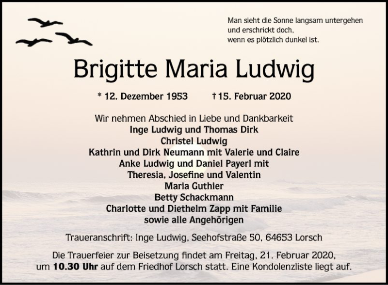  Traueranzeige für Brigitte Maria Ludwig vom 19.02.2020 aus Bergsträßer Anzeiger
