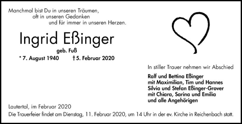  Traueranzeige für Ingrid Eßinger vom 08.02.2020 aus Bergsträßer Anzeiger