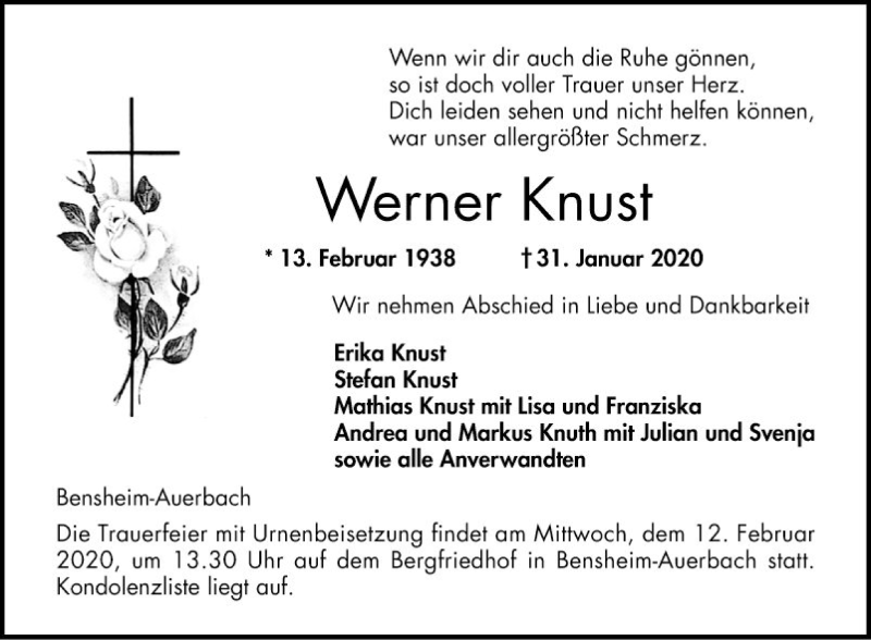  Traueranzeige für Werner Knust vom 08.02.2020 aus Bergsträßer Anzeiger