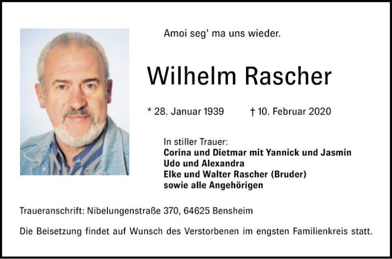  Traueranzeige für Wilhelm Rascher vom 15.02.2020 aus Bergsträßer Anzeiger
