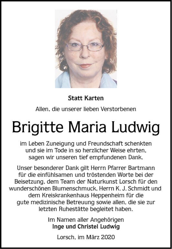  Traueranzeige für Brigitte Maria Ludwig vom 07.03.2020 aus Bergsträßer Anzeiger