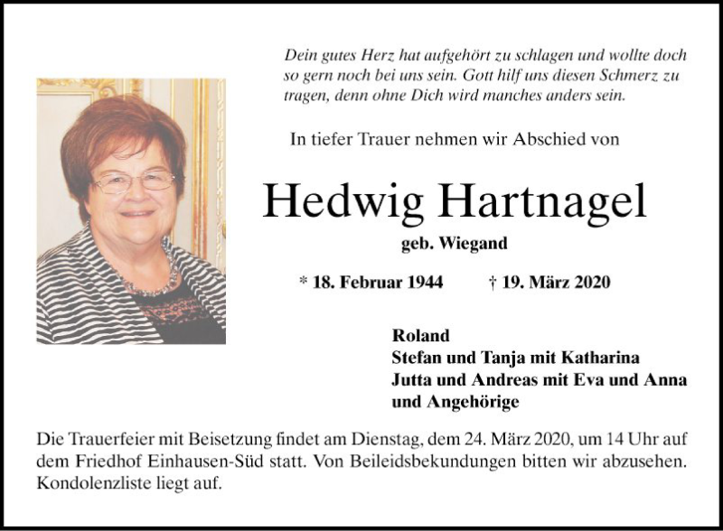  Traueranzeige für Hedwig Hartnagel vom 21.03.2020 aus Bergsträßer Anzeiger