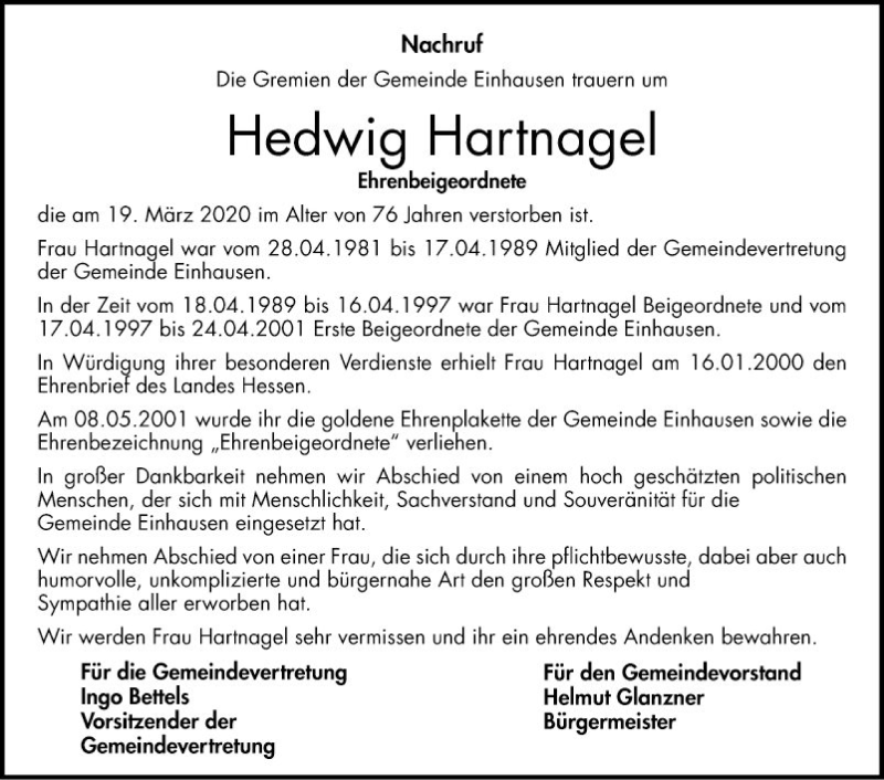  Traueranzeige für Hedwig Hartnagel vom 26.03.2020 aus Bergsträßer Anzeiger