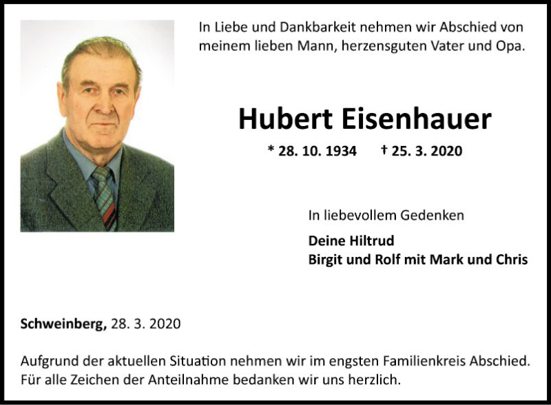  Traueranzeige für Hubert Eisenhauer vom 28.03.2020 aus Fränkische Nachrichten