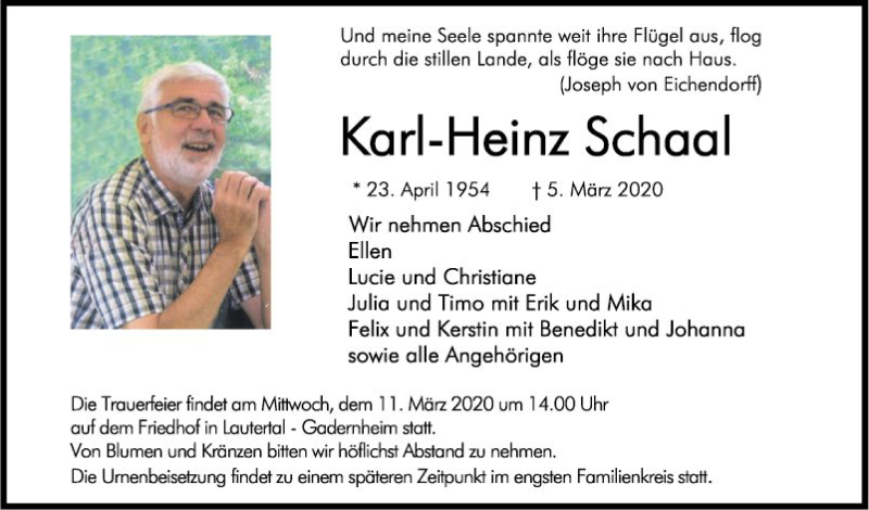  Traueranzeige für Karl-Heinz Schaal vom 07.03.2020 aus Bergsträßer Anzeiger