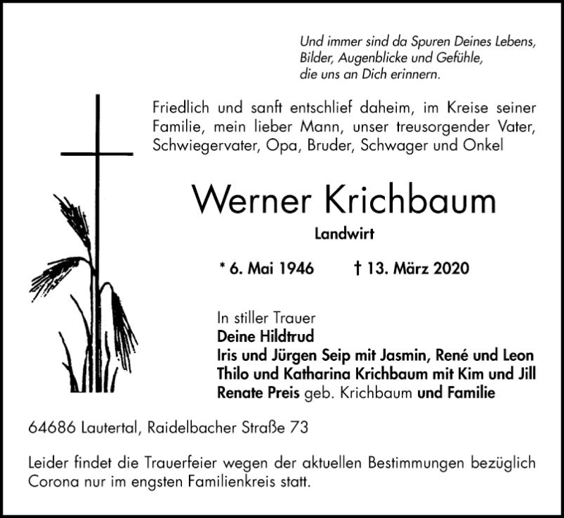  Traueranzeige für Werner Krichbaum vom 17.03.2020 aus Bergsträßer Anzeiger