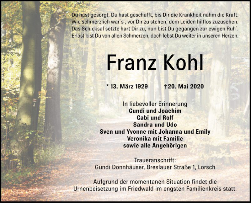  Traueranzeige für Franz Kohl vom 30.05.2020 aus Bergsträßer Anzeiger
