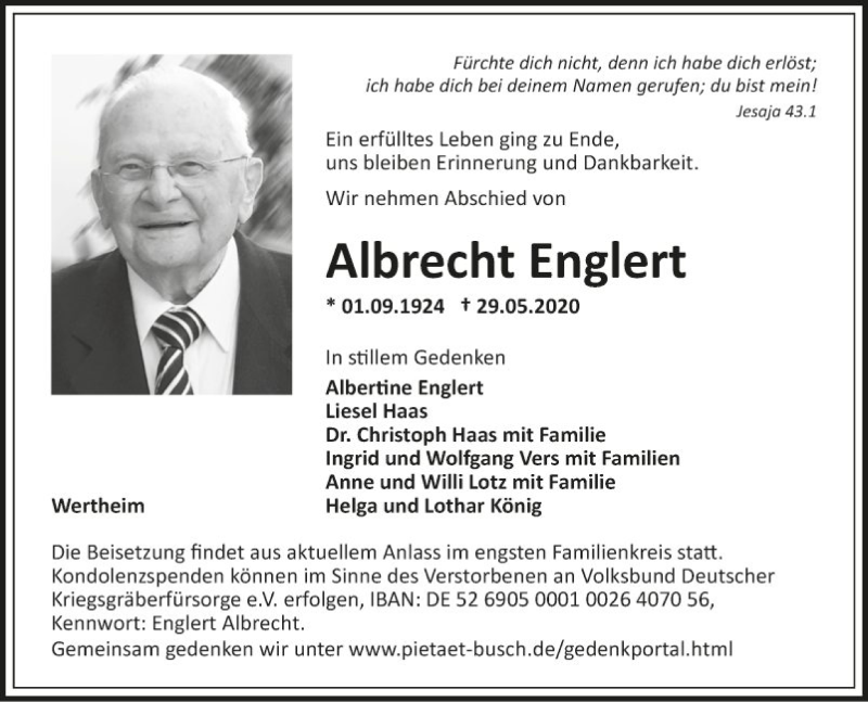  Traueranzeige für Albrecht Englert vom 04.06.2020 aus Fränkische Nachrichten