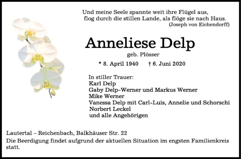  Traueranzeige für Anneliese Delp vom 10.06.2020 aus Bergsträßer Anzeiger