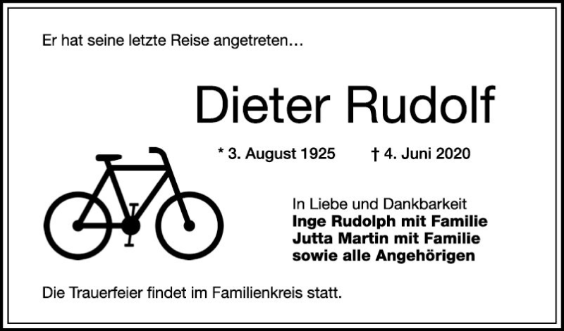  Traueranzeige für Dieter Rudolf vom 06.06.2020 aus Mannheimer Morgen