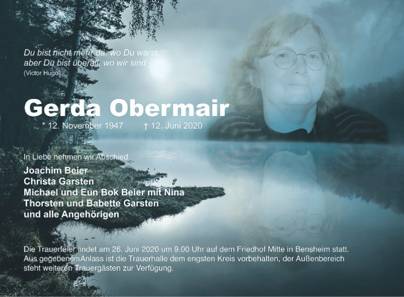  Traueranzeige für Gerda Obermair vom 24.06.2020 aus Bergsträßer Anzeiger