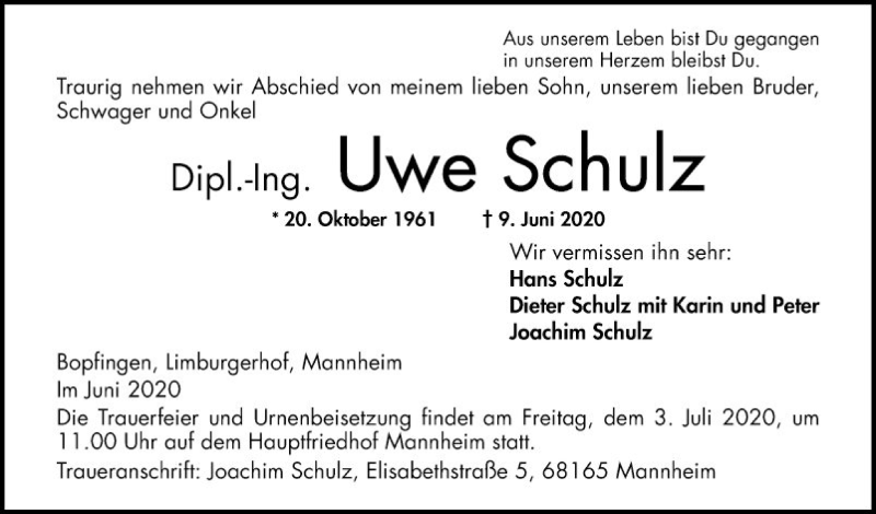  Traueranzeige für Uwe Schulz vom 25.06.2020 aus Mannheimer Morgen