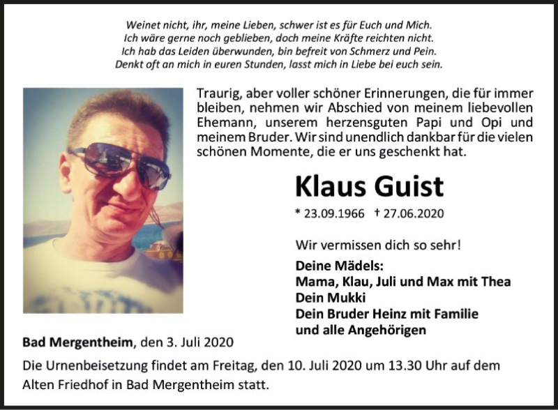  Traueranzeige für Klaus Guist vom 03.07.2020 aus Fränkische Nachrichten