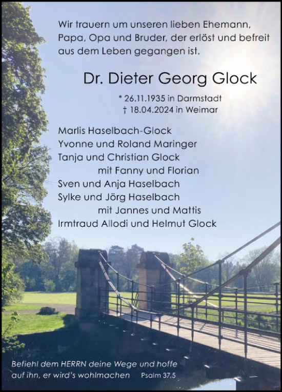 Traueranzeige von Dieter Georg Glock von Bergsträßer Anzeiger