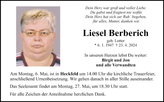 Traueranzeige von Liesel Berberich von Fränkische Nachrichten