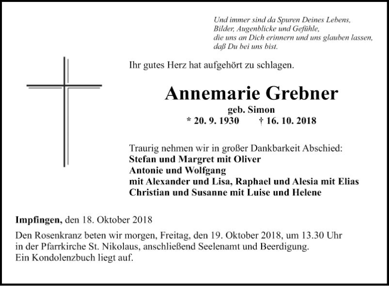  Traueranzeige für Annemarie Grebner vom 18.10.2018 aus Fränkische Nachrichten