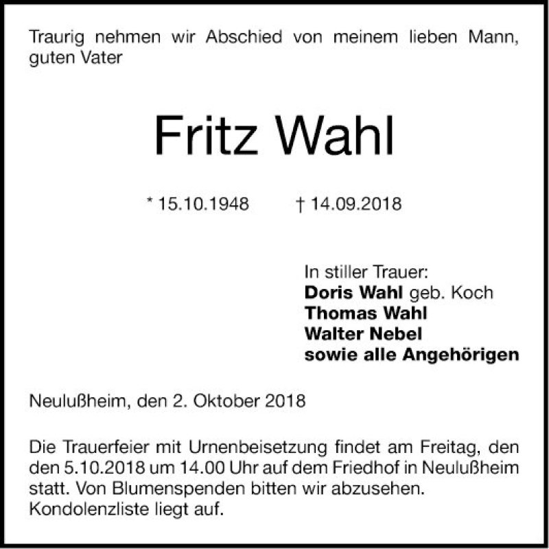  Traueranzeige für Fritz Wahl vom 02.10.2018 aus Schwetzinger Zeitung
