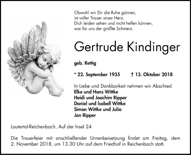  Traueranzeige für Gertrude Kindinger vom 27.10.2018 aus Bergsträßer Anzeiger