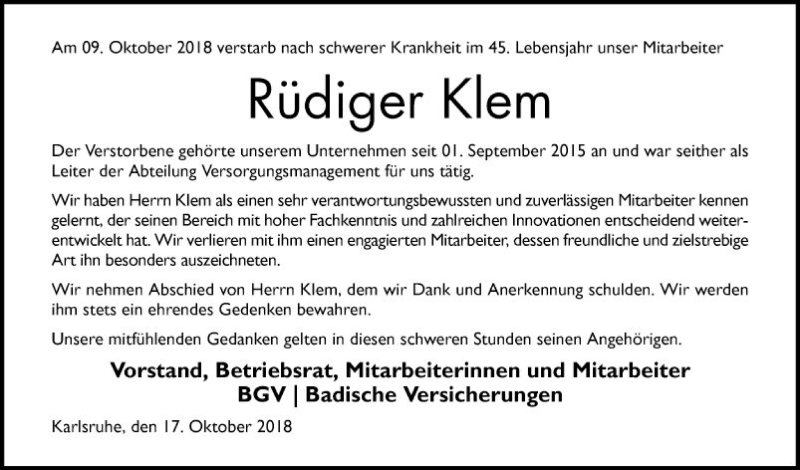  Traueranzeige für Rüdiger Klem vom 17.10.2018 aus Mannheimer Morgen