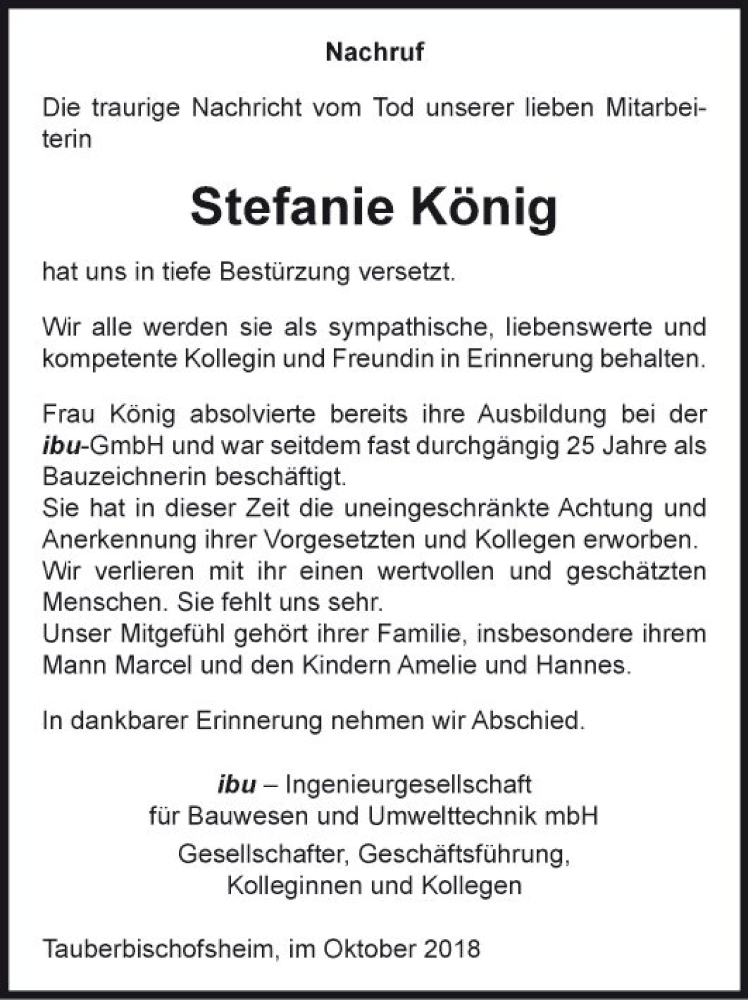  Traueranzeige für Stefanie König vom 23.10.2018 aus Fränkische Nachrichten