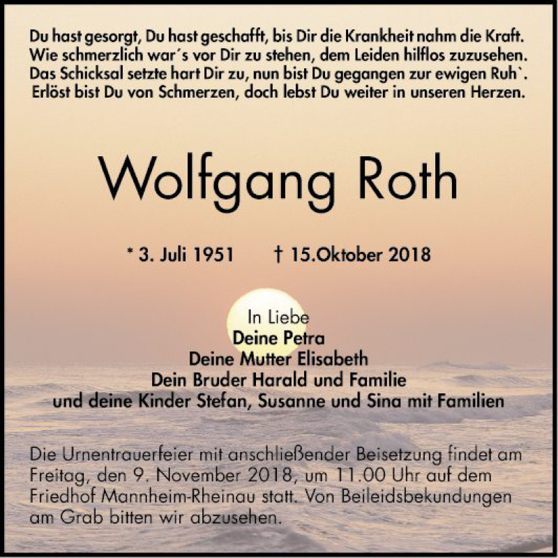  Traueranzeige für Wolfgang Roth vom 23.10.2018 aus Mannheimer Morgen