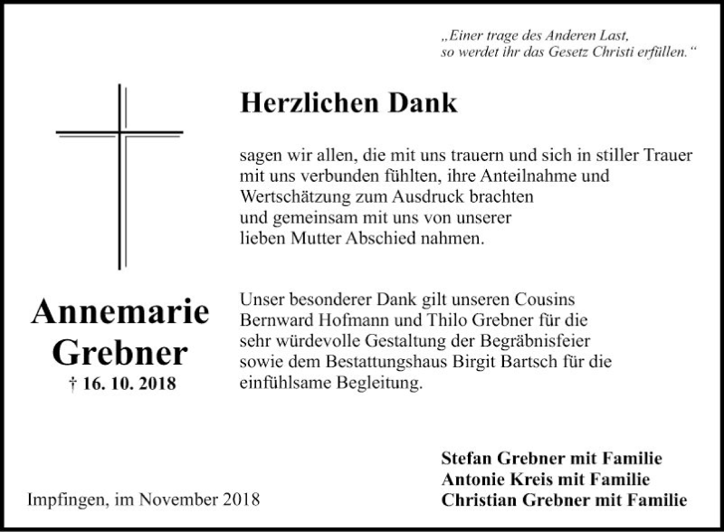  Traueranzeige für Annemarie Grebner vom 10.11.2018 aus Fränkische Nachrichten