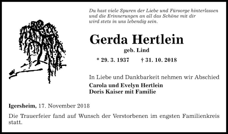  Traueranzeige für Gerda Hertlein vom 17.11.2018 aus Fränkische Nachrichten