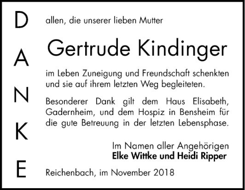  Traueranzeige für Gertrude Kindinger vom 17.11.2018 aus Bergsträßer Anzeiger