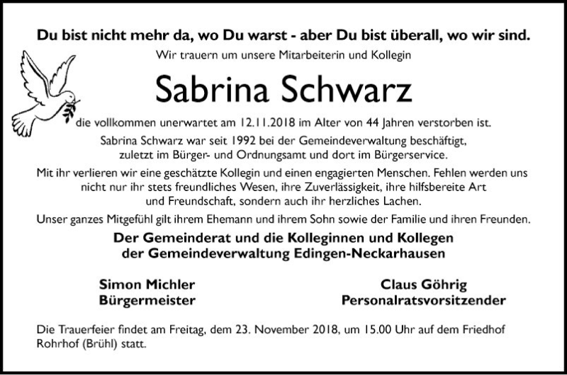  Traueranzeige für Sabrina Schwarz vom 16.11.2018 aus Mannheimer Morgen