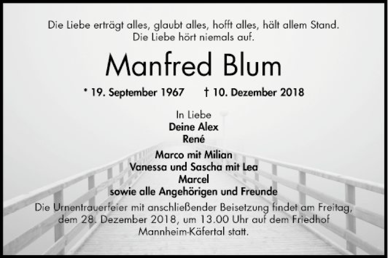  Traueranzeige für Manfred Blum vom 15.12.2018 aus Mannheimer Morgen