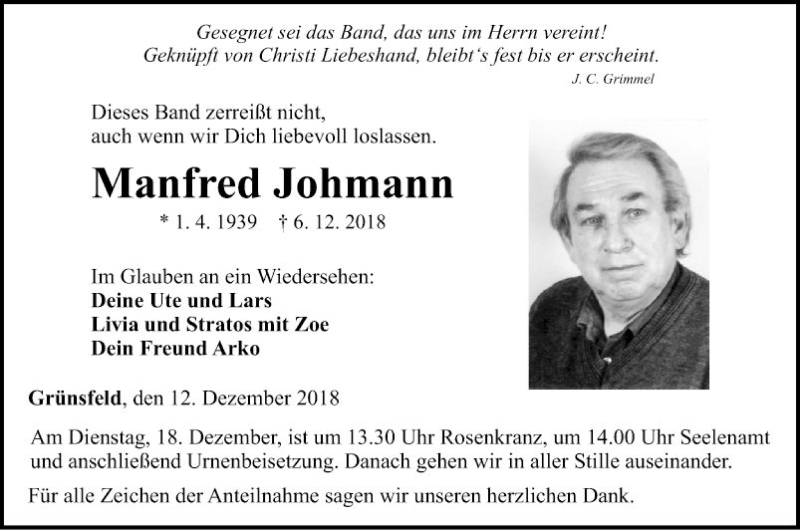  Traueranzeige für Manfred Johmann vom 12.12.2018 aus Fränkische Nachrichten