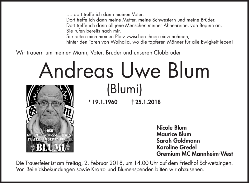  Traueranzeige für Andreas Uwe Blum vom 31.01.2018 aus Mannheimer Morgen / Schwetzinger Zeitung