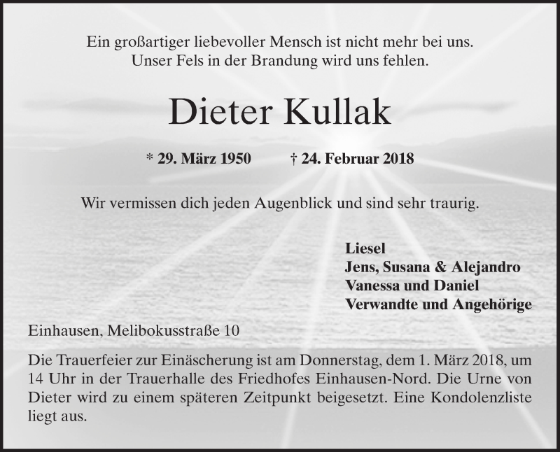  Traueranzeige für Dieter Kullak vom 27.02.2018 aus Bergsträßer Anzeiger