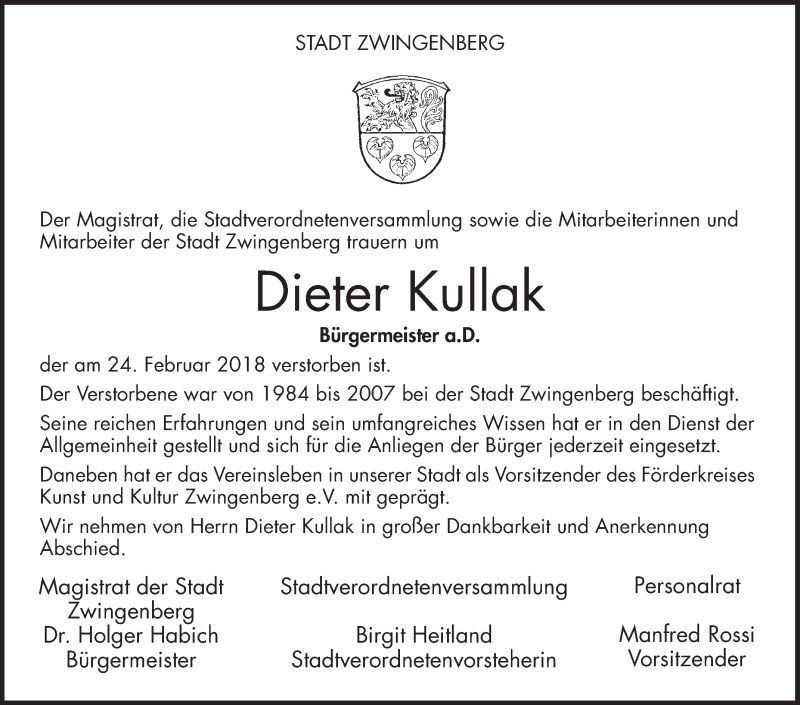  Traueranzeige für Dieter Kullak vom 01.03.2018 aus Bergsträßer Anzeiger