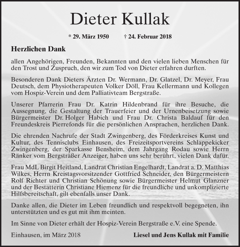  Traueranzeige für Dieter Kullak vom 17.03.2018 aus Bergsträßer Anzeiger