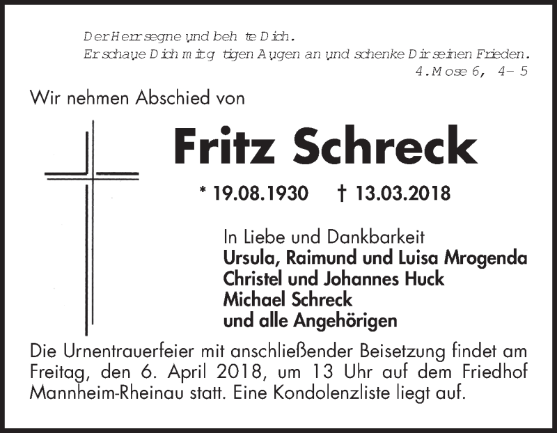  Traueranzeige für Fritz Schreck vom 24.03.2018 aus Mannheimer Morgen