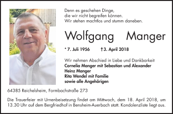 Traueranzeige von Wolfgang Manger von Bergsträßer Anzeiger