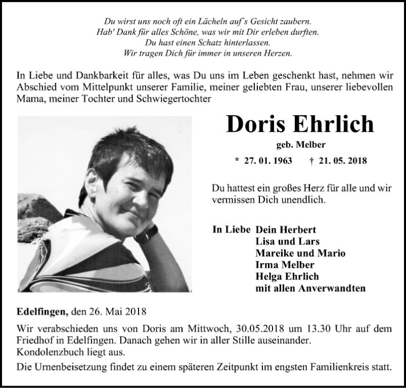  Traueranzeige für Doris Ehrlich vom 26.05.2018 aus Fränkische Nachrichten