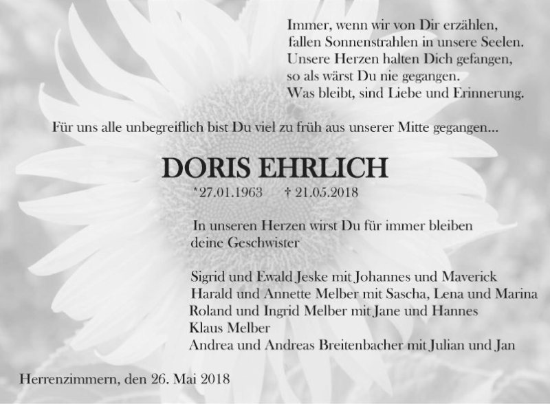  Traueranzeige für Doris Ehrlich vom 26.05.2018 aus Fränkische Nachrichten