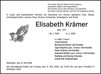 Traueranzeige von Elisabeth Krämer von Schwetzinger Zeitung