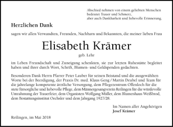 Traueranzeige von Elisabeth Krämer von Schwetzinger Zeitung
