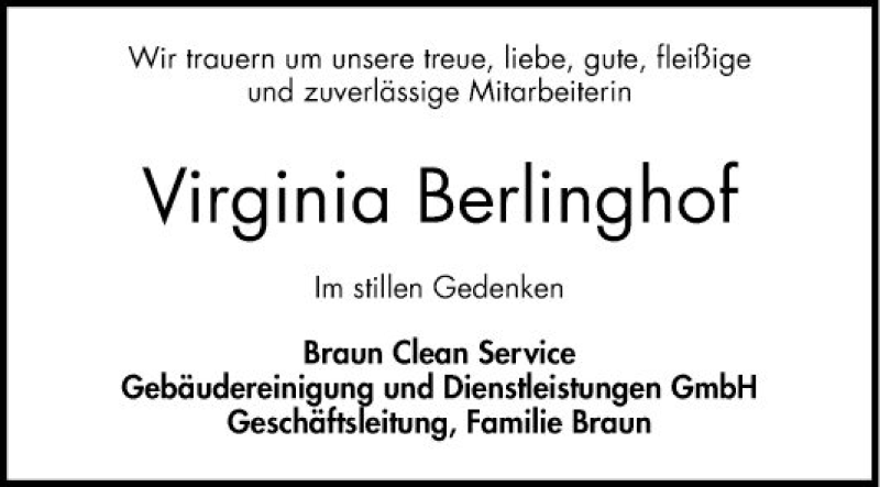  Traueranzeige für Virginia Berlinghof vom 19.05.2018 aus Schwetzinger Zeitung