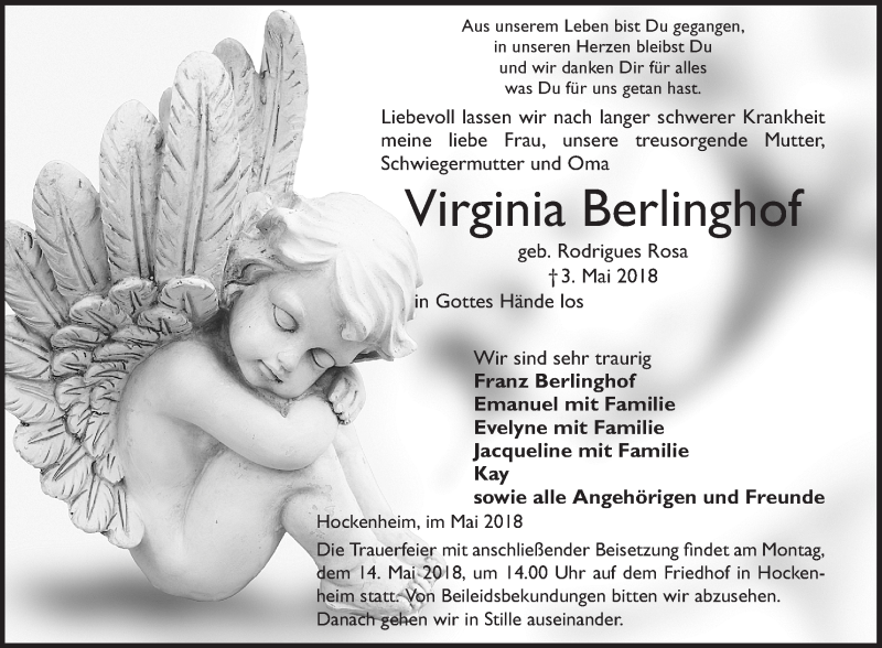  Traueranzeige für Virginia Berlinghof vom 09.05.2018 aus Schwetzinger Zeitung