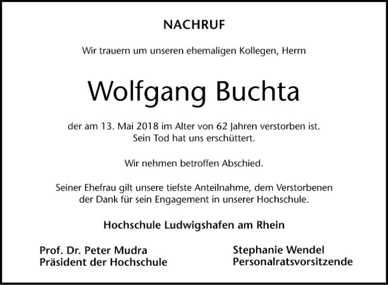  Traueranzeige für Wolfgang Buchta vom 19.05.2018 aus Mannheimer Morgen